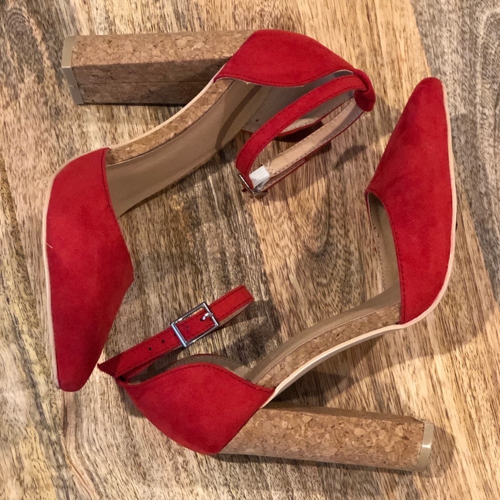Forever 21 Red Cork Block Heel Pointed Heela
